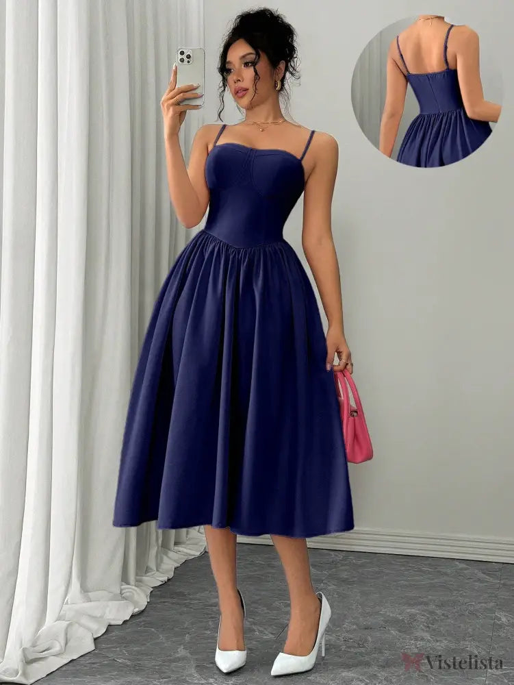 Vestido Midi Evasê Com Alças Finas Estruturado Azul-marinho / PP Vestido Midi Evasê Com Alças Finas Estruturado
