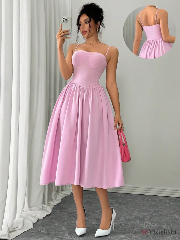 Vestido Midi Evasê Com Alças Finas Estruturado Rosa / PP Vestido Midi Evasê Com Alças Finas Estruturado