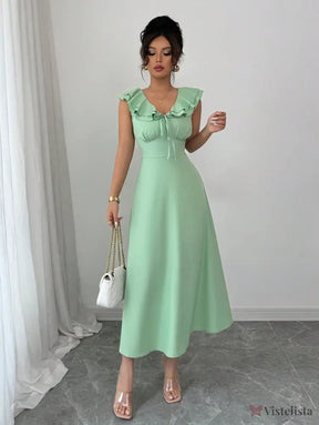 Vestido Midi Evasê Com Babado No Decote Vestido Midi Evasê Com Babado No Decote