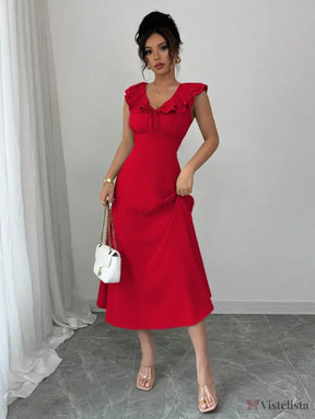 Vestido Midi Evasê Com Babado No Decote Vestido Midi Evasê Com Babado No Decote