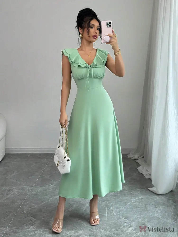 Vestido Midi Evasê Com Babado No Decote Verde / PP Vestido Midi Evasê Com Babado No Decote
