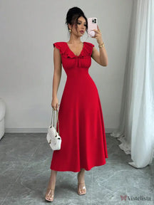Vestido Midi Evasê Com Babado No Decote Vermelho / PP Vestido Midi Evasê Com Babado No Decote
