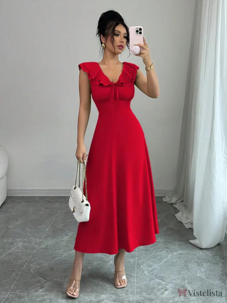 Vestido Midi Evasê Com Babado No Decote Vermelho / PP Vestido Midi Evasê Com Babado No Decote