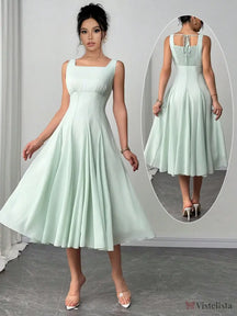 Vestido Midi Evasê Com Decote Reto Elegante Verde Menta / PP Vestido Midi Evasê Com Decote Reto Elegante