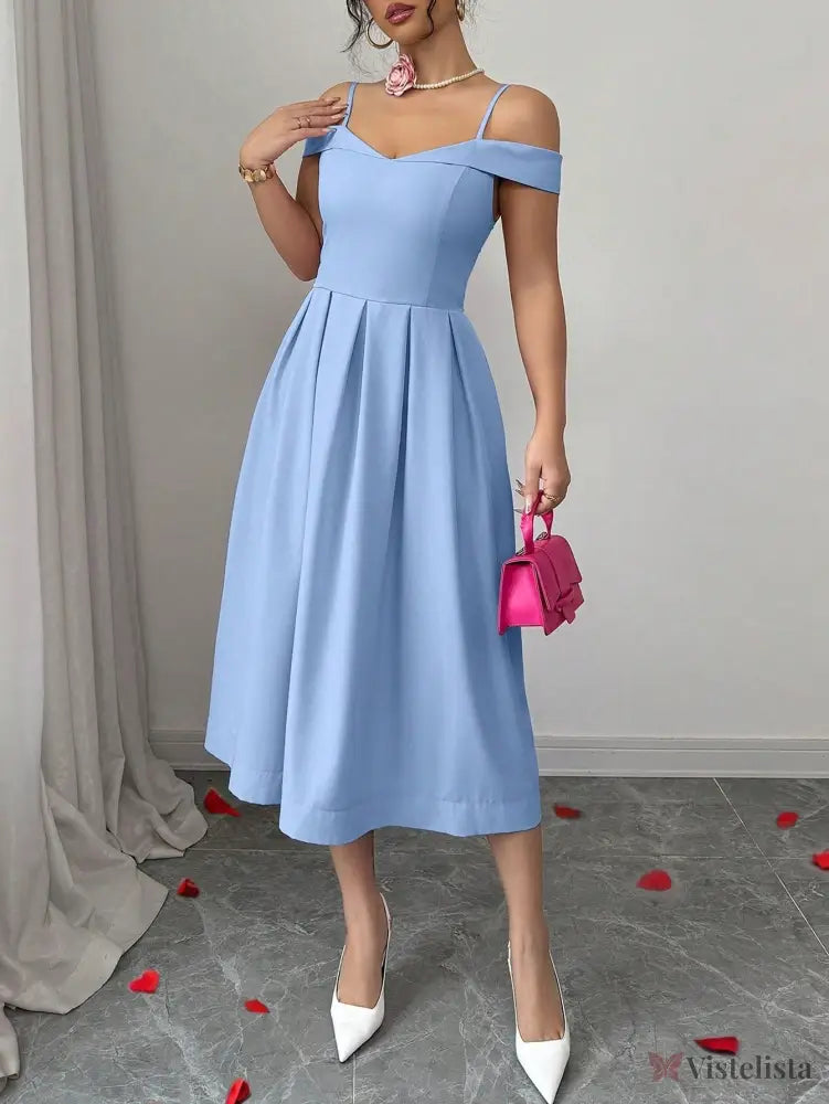 Vestido Midi Evasê Com Ombro a Ombro Elegante Azul Claro / PP Vestido Midi Evasê Com Ombro a Ombro Elegante