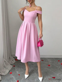 Vestido Midi Evasê Com Ombro a Ombro Elegante Rosa / PP Vestido Midi Evasê Com Ombro a Ombro Elegante