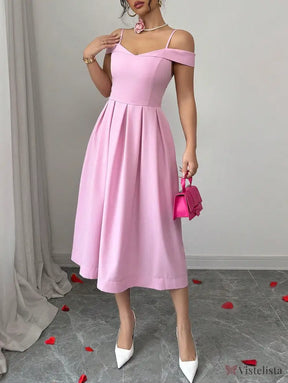 Vestido Midi Evasê Com Ombro a Ombro Elegante Rosa / PP Vestido Midi Evasê Com Ombro a Ombro Elegante