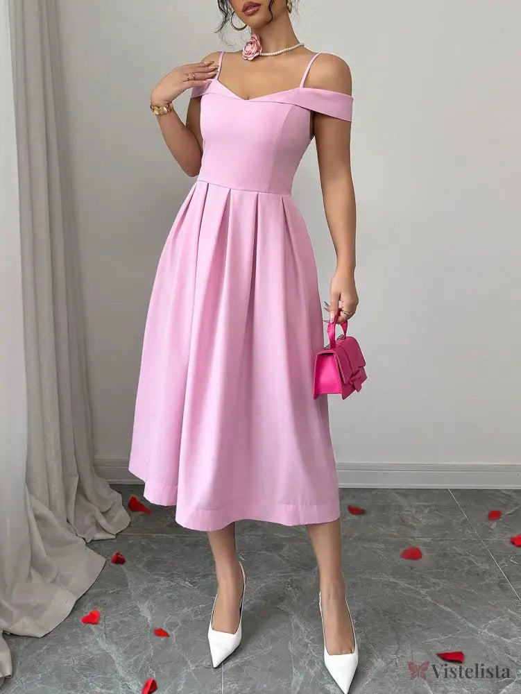 Vestido Midi Evasê Com Ombro a Ombro Elegante Rosa / PP Vestido Midi Evasê Com Ombro a Ombro Elegante