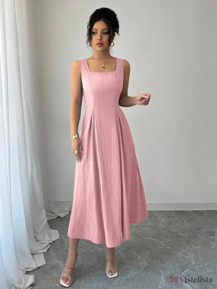 Vestido Midi Evasê Com Pregas E Detalhe Trançado Vestido Midi Evasê Com Pregas E Detalhe Trançado