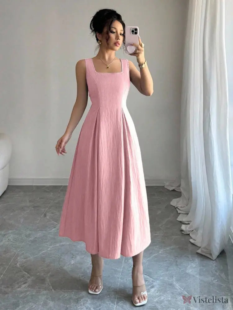 Vestido Midi Evasê Com Pregas E Detalhe Trançado Vestido Midi Evasê Com Pregas E Detalhe Trançado