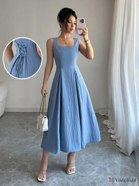 Vestido Midi Evasê Com Pregas E Detalhe Trançado Azul / PP Vestido Midi Evasê Com Pregas E Detalhe Trançado