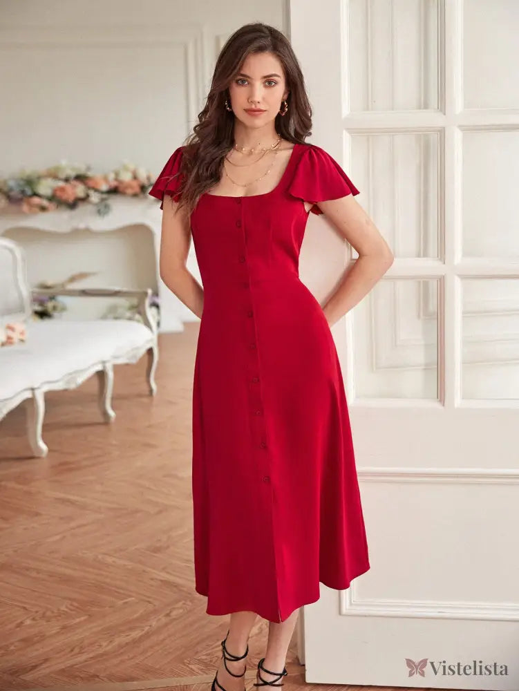 Vestido Midi Evasê Decote Quadrado Botões Frontais Vestido Midi Evasê Decote Quadrado Botões Frontais