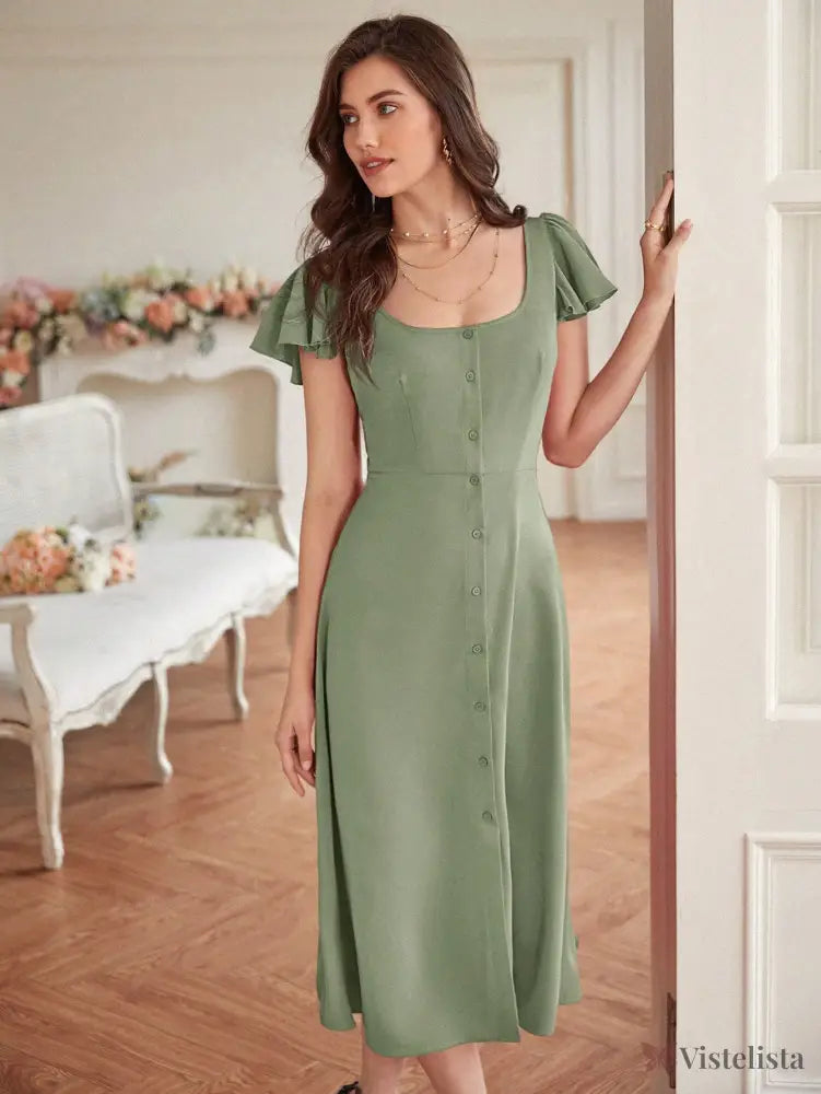 Vestido Midi Evasê Decote Quadrado Botões Frontais Verde Oliva / PP Vestido Midi Evasê Decote Quadrado Botões Frontais