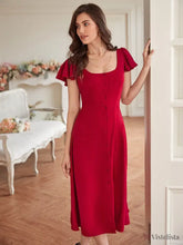 Vestido Midi Evasê Decote Quadrado Botões Frontais Vermelho / PP Vestido Midi Evasê Decote Quadrado Botões Frontais