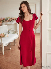 Vestido Midi Evasê Decote Quadrado Botões Frontais Vermelho / PP Vestido Midi Evasê Decote Quadrado Botões Frontais