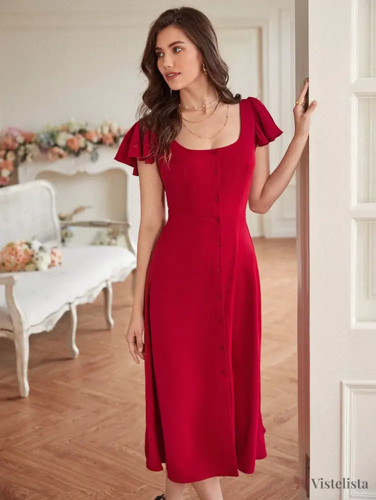 Vestido Midi Evasê Decote Quadrado Botões Frontais Vermelho / PP Vestido Midi Evasê Decote Quadrado Botões Frontais