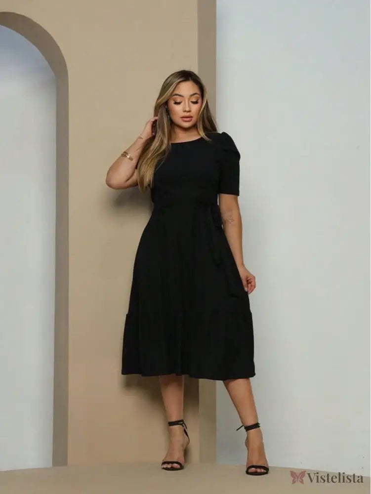 Vestido Midi Evasê Elegante Com Cinto E Babado Na Barra Preto / PP Vestido Midi Evasê Elegante Com Cinto E Babado Na