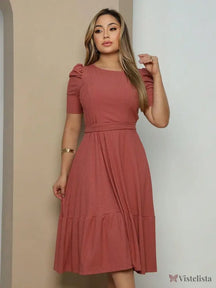 Vestido Midi Evasê Elegante Com Cinto E Babado Na Barra Rosa Empoeirado / PP Vestido Midi Evasê Elegante Com Cinto E