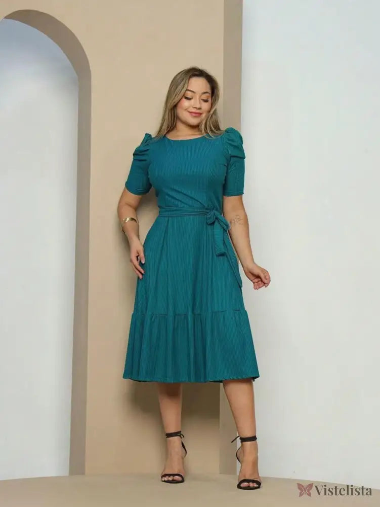 Vestido Midi Evasê Elegante Com Cinto E Babado Na Barra Verde Escuro / PP Vestido Midi Evasê Elegante Com Cinto E