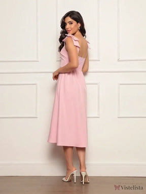 Vestido Midi Evasê Elegante Com Laço No Ombro Vestido Midi Evasê Elegante Com Laço No Ombro