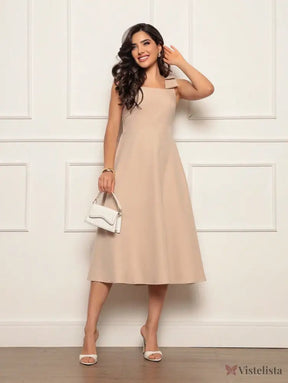Vestido Midi Evasê Elegante Com Laço No Ombro Cáqui / PP Vestido Midi Evasê Elegante Com Laço No Ombro