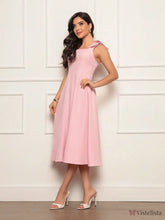 Vestido Midi Evasê Elegante Com Laço No Ombro Rosa / PP Vestido Midi Evasê Elegante Com Laço No Ombro