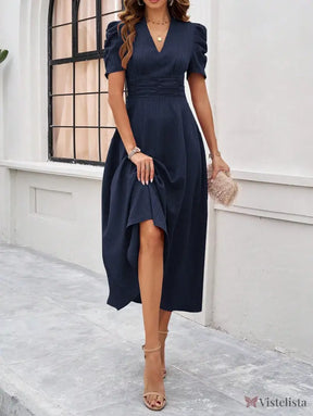 Vestido Midi Evasê Elegante Com Manga Bufante Vestido Midi Evasê Elegante Com Manga Bufante