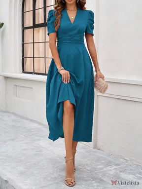 Vestido Midi Evasê Elegante Com Manga Bufante Vestido Midi Evasê Elegante Com Manga Bufante