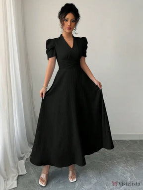 Vestido Midi Evasê Elegante Com Manga Bufante Vestido Midi Evasê Elegante Com Manga Bufante