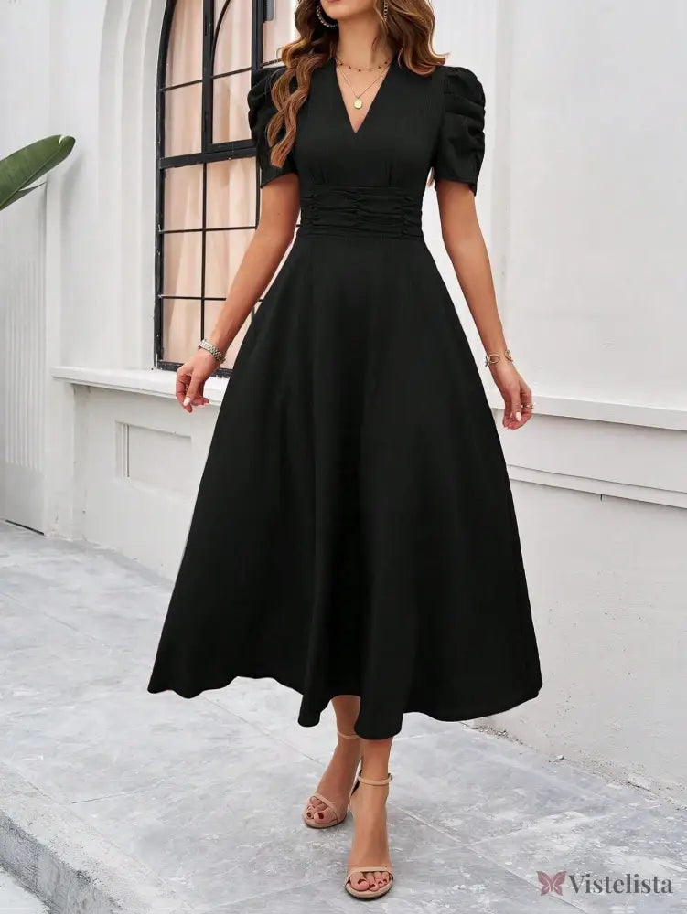 Vestido Midi Evasê Elegante Com Manga Bufante Preto / PP Vestido Midi Evasê Elegante Com Manga Bufante