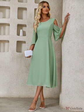Vestido Midi Evasê Elegante Com Manga Vazado Ombro Vestido Midi Evasê Elegante Com Manga Vazado Ombro