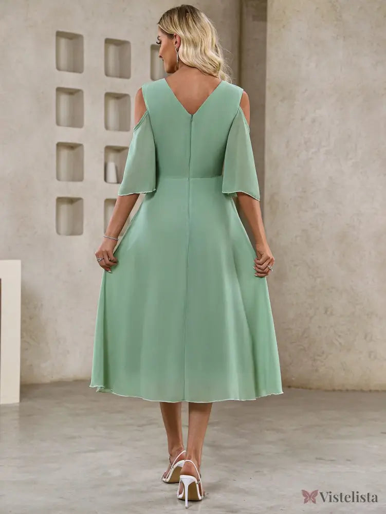 Vestido Midi Evasê Elegante Com Manga Vazado Ombro Vestido Midi Evasê Elegante Com Manga Vazado Ombro