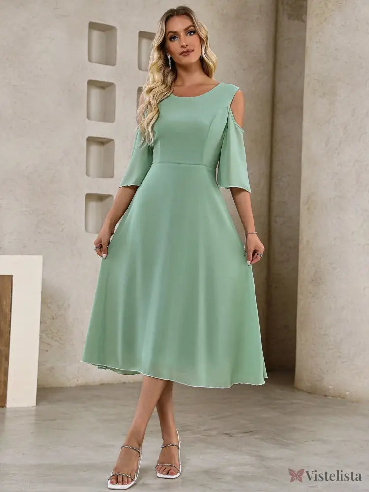 Vestido Midi Evasê Elegante Com Manga Vazado Ombro Verde / PP Vestido Midi Evasê Elegante Com Manga Vazado Ombro