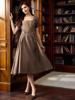 Vestido Midi Evasê Elegante Decote Reto Com Manga Bufante Vestido Midi Evasê Elegante Decote Reto Com Manga Bufante