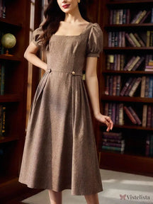 Vestido Midi Evasê Elegante Decote Reto Com Manga Bufante Marrom Café / PP Vestido Midi Evasê Elegante Decote Reto Com