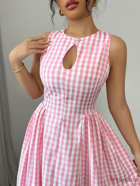 Vestido Midi Evasê Estampado Xadrez Vichy Vestido Midi Evasê Estampado Xadrez Vichy