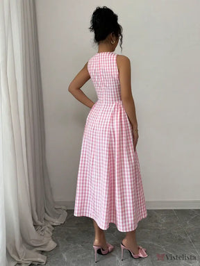 Vestido Midi Evasê Estampado Xadrez Vichy Vestido Midi Evasê Estampado Xadrez Vichy