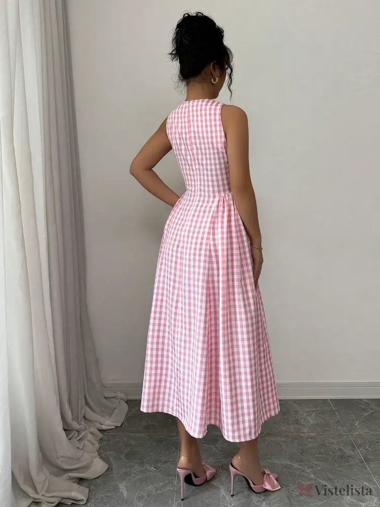 Vestido Midi Evasê Estampado Xadrez Vichy Vestido Midi Evasê Estampado Xadrez Vichy