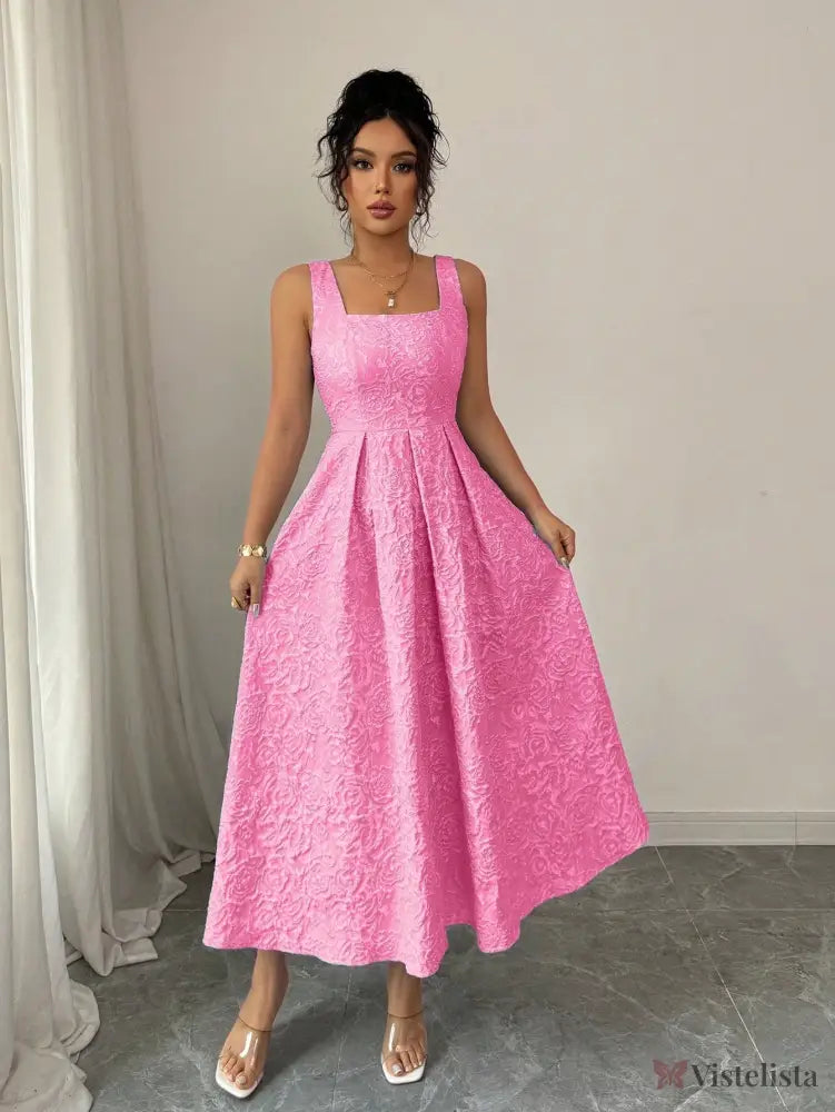 Vestido Midi Fashion Com Decote Quadrado E Saia Evasê Rosa Choque / PP Vestido Midi Fashion Com Decote Quadrado E Saia