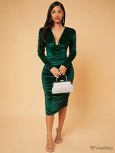 Vestido Midi Festa Elegante Em Veludo Com Drapeado Verde Escuro / PP Vestido Midi Festa Elegante Em Veludo Com Drapeado