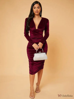 Vestido Midi Festa Elegante Em Veludo Com Drapeado Vinho / PP Vestido Midi Festa Elegante Em Veludo Com Drapeado