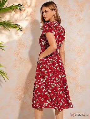 Vestido Midi Floral Com Decote V E Bolsos Laterais Vestido Midi Floral Com Decote V E Bolsos Laterais