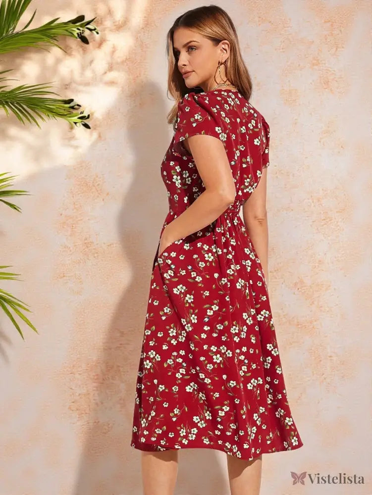 Vestido Midi Floral Com Decote V E Bolsos Laterais Vestido Midi Floral Com Decote V E Bolsos Laterais
