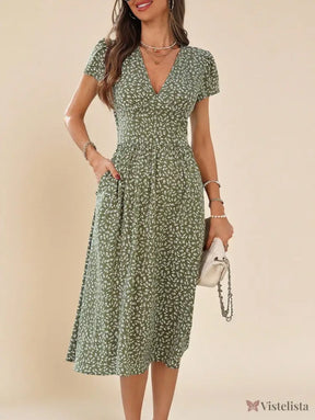 Vestido Midi Floral Com Decote V E Bolsos Laterais Vestido Midi Floral Com Decote V E Bolsos Laterais