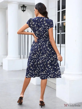Vestido Midi Floral Com Decote V E Bolsos Laterais Vestido Midi Floral Com Decote V E Bolsos Laterais