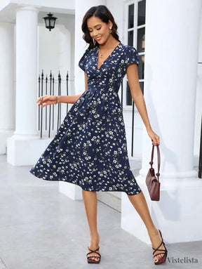 Vestido Midi Floral Com Decote V E Bolsos Laterais Vestido Midi Floral Com Decote V E Bolsos Laterais