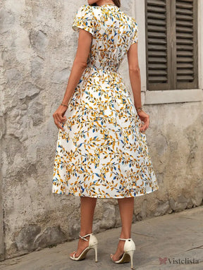 Vestido Midi Floral Com Decote V E Bolsos Laterais Vestido Midi Floral Com Decote V E Bolsos Laterais