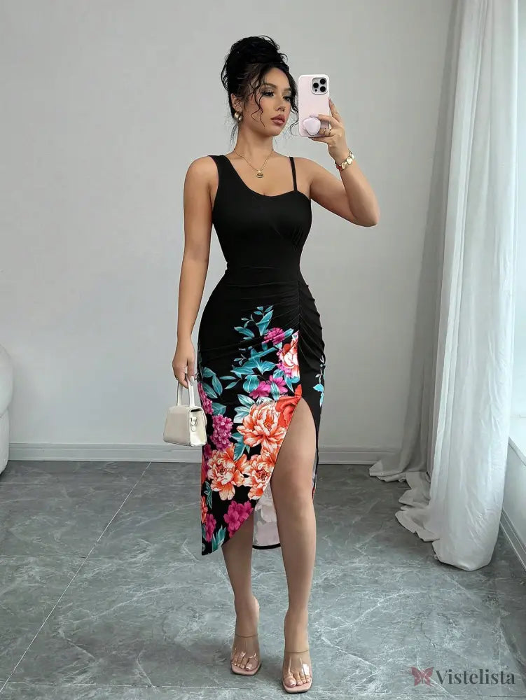 Vestido Midi Justo Com Estampa Floral E Fenda Lateral Preto / PP Vestido Midi Justo Com Estampa Floral E Fenda Lateral