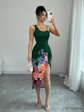 Vestido Midi Justo Com Estampa Floral E Fenda Lateral Verde Escuro / PP Vestido Midi Justo Com Estampa Floral E Fenda