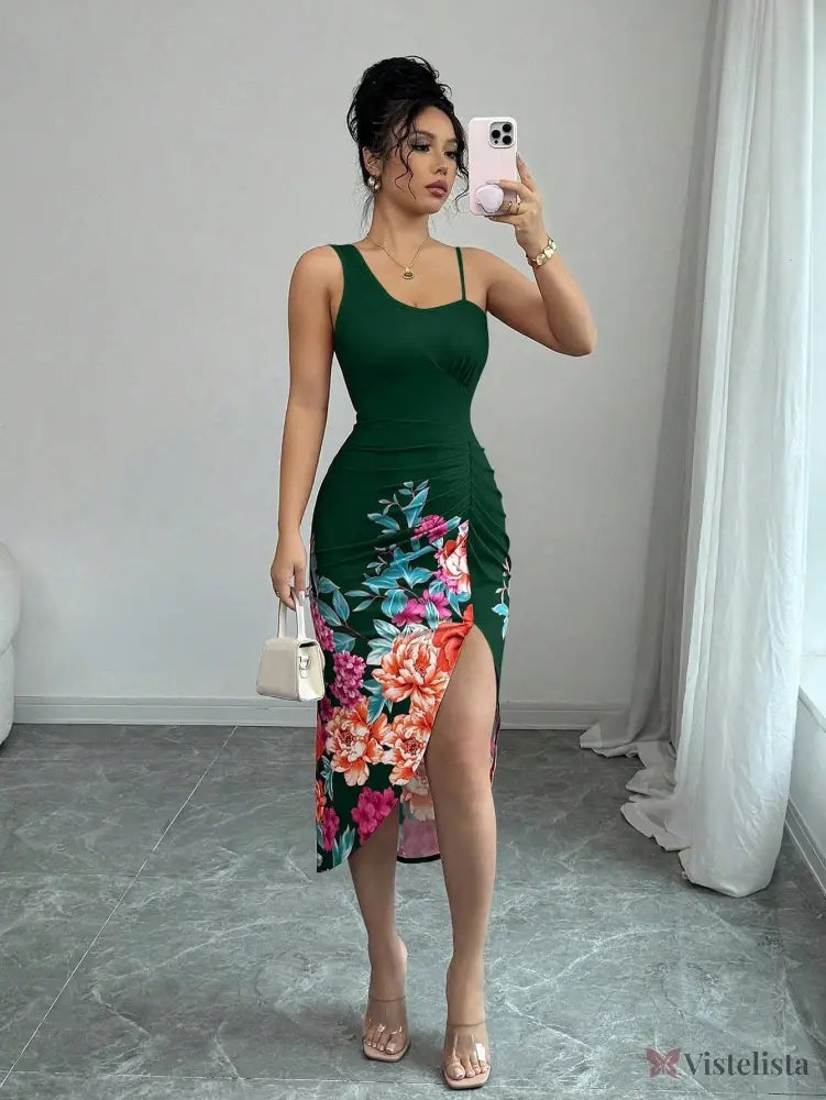 Vestido Midi Justo Com Estampa Floral E Fenda Lateral Verde Escuro / PP Vestido Midi Justo Com Estampa Floral E Fenda